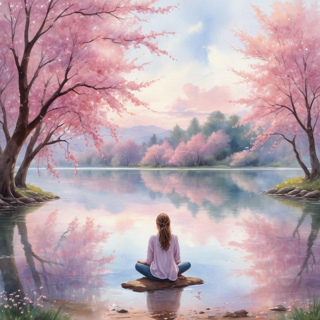 A serene scene depicting a person sitting cross-legged on a tranquil lake shore, gazing thoughtfully at their reflection in the water, surrounded by blossoming cherry trees. Soft rays of sunlight break through the clouds, illuminating the person's face with a warm glow, symbolizing emotional depth and self-discovery. Gentle waves ripple across the water, enhancing the sense of calm and introspection. pastel colors. dreamy atmosphere. watercolor style.